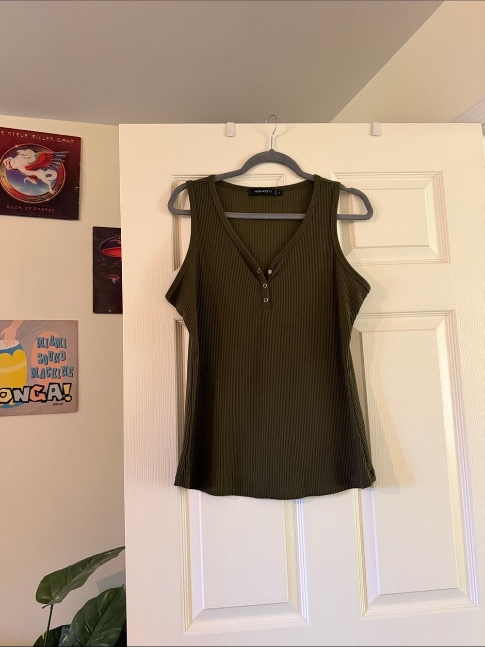 Henley Ribbed Tank Top in Olive Green